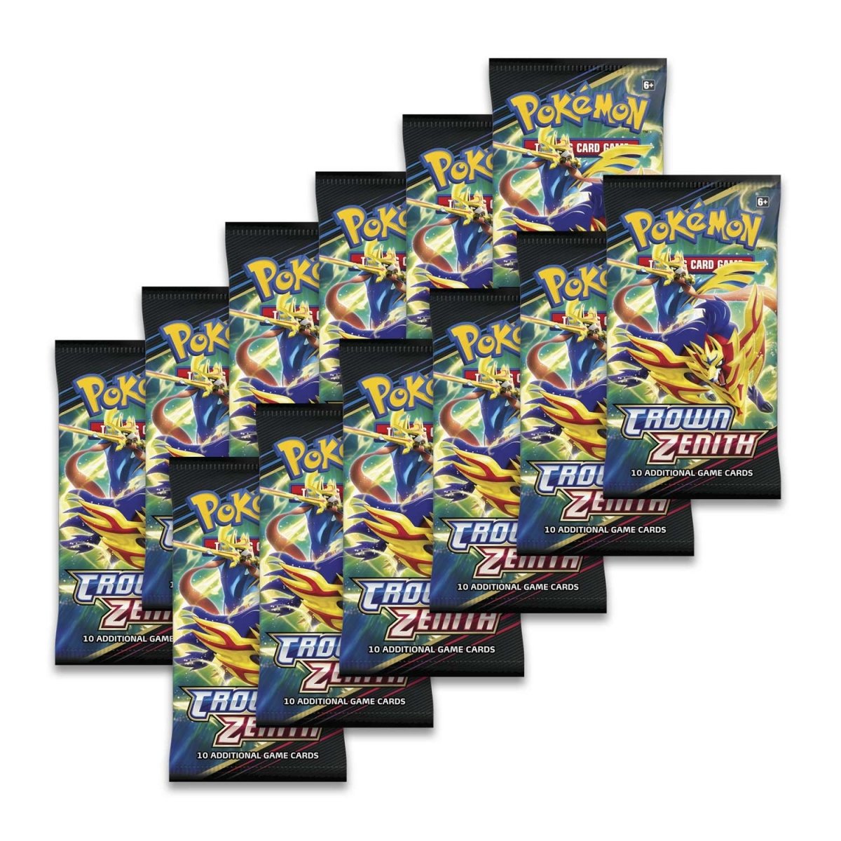 12 Crown Zenith Pokémon TCG booster packs spread out