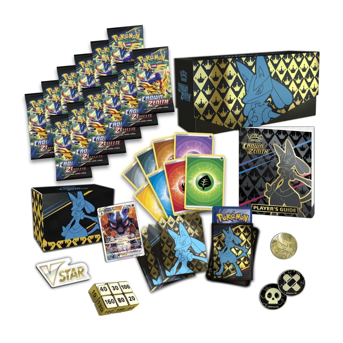 Complete contents of Crown Zenith Pokémon Center Elite Trainer Box Plus including booster packs and promos