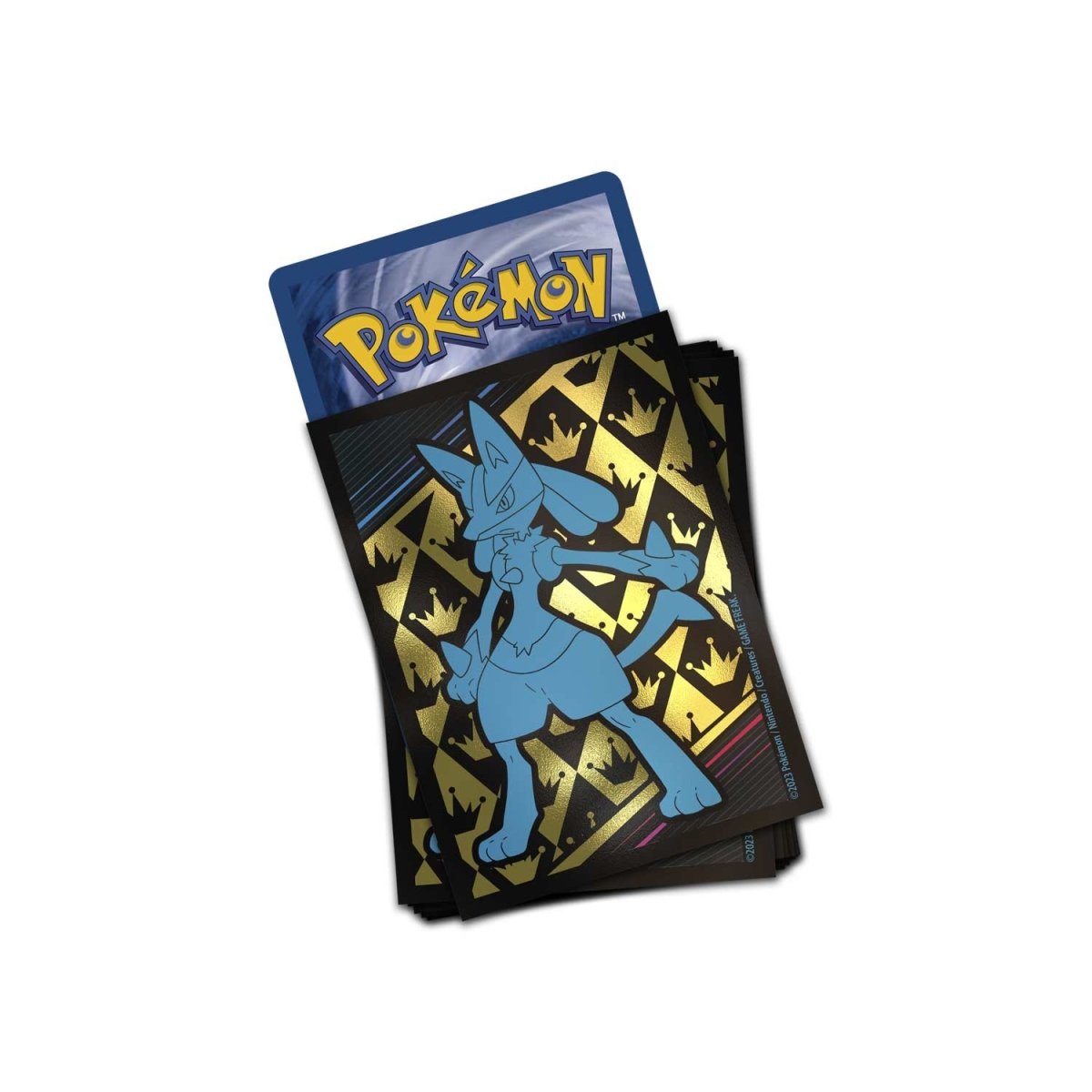 Pokémon TCG Crown Zenith Lucario deck box and protective card sleeves