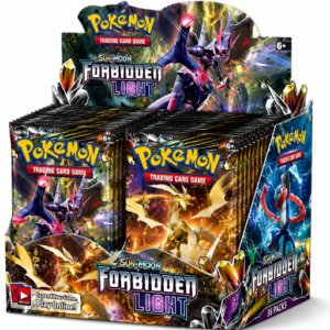 Forbidden Light-inspired fantasy trading card booster display box with multiple sealed booster packs on a white background