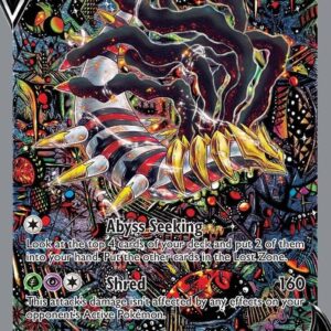 Close-up photo of a raw single Giratina V Alternate Full Art card (186/196) from Lost Origin, showing complex artwork texture, borders, and condition.