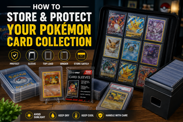 How to store and protect Pokémon cards using sleeves, binders, top loaders, and safe storage methods