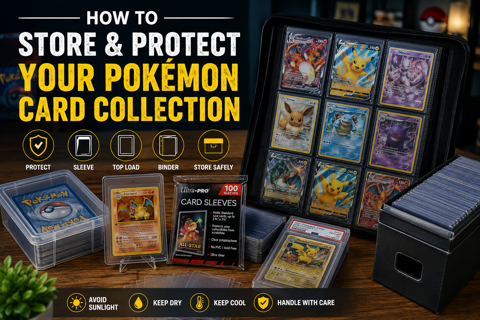 How to store and protect Pokémon cards using sleeves, binders, top loaders, and safe storage methods