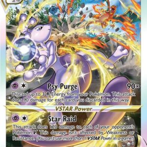 Close-up photo of a raw single Mewtwo VSTAR Galarian Gallery card (GG44/GG70) from Crown Zenith, showing condition, borders, and textures.