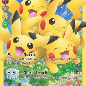 Close-up photo of a raw single Pikachu Full Art card (RC29/RC32) from the XY Generations Radiant Collection expansion, showing texture and condition.