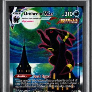 Pokemon 2021 Umbreon VMAX 215/203 Alt Art Secret Rare Evolving Skies PSA 8 graded card front view in protective slab.