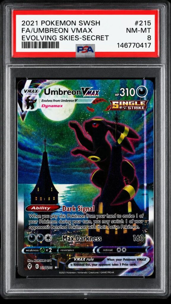 Pokemon 2021 Umbreon VMAX 215/203 Alt Art Secret Rare Evolving Skies PSA 8 graded card front view in protective slab.