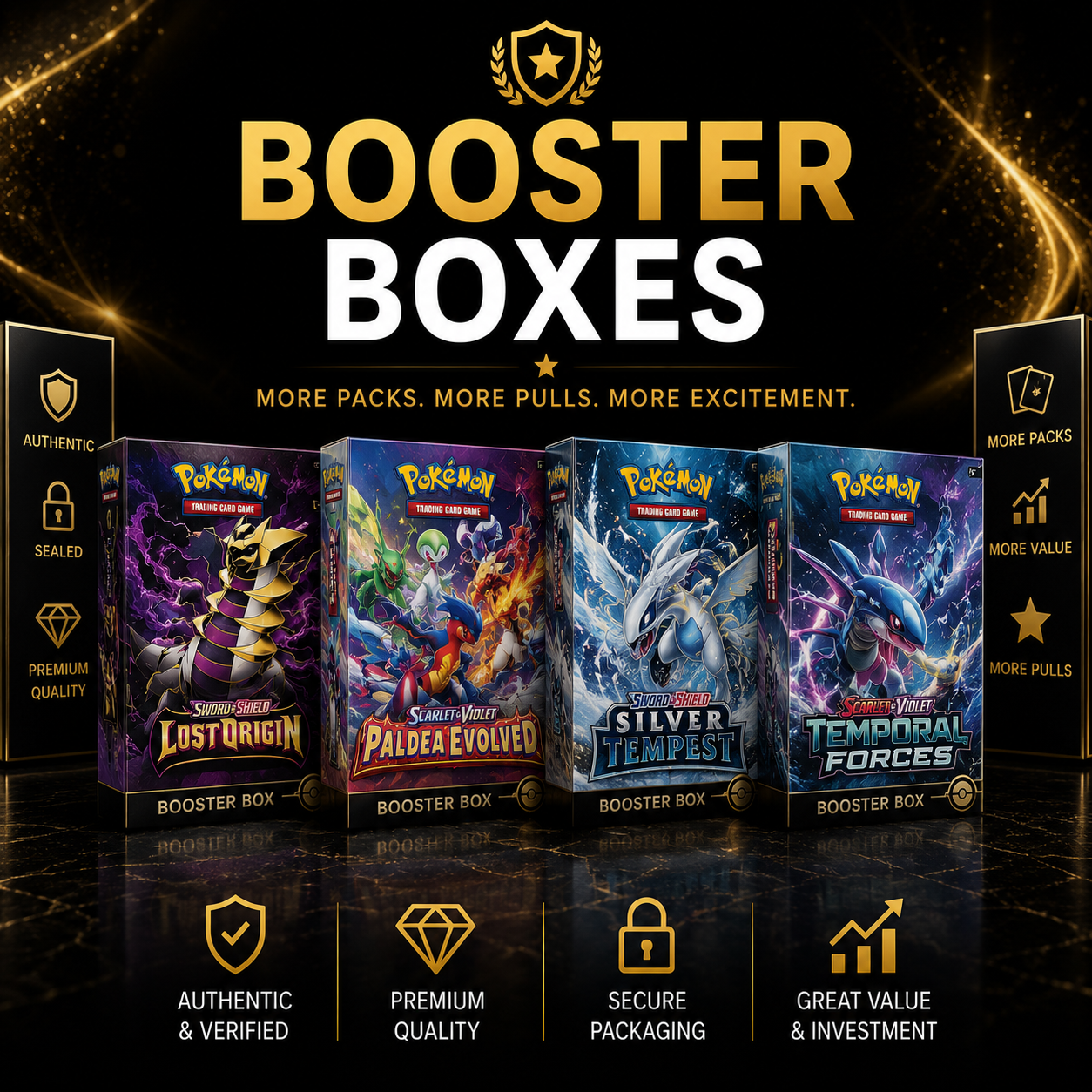 Premium Pokémon Booster Boxes featuring authentic sealed booster boxes for collectors and players.