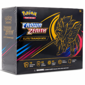 Pokémon Crown Zenith Elite Trainer Box featuring premium black and gold collector design with booster packs and accessories.