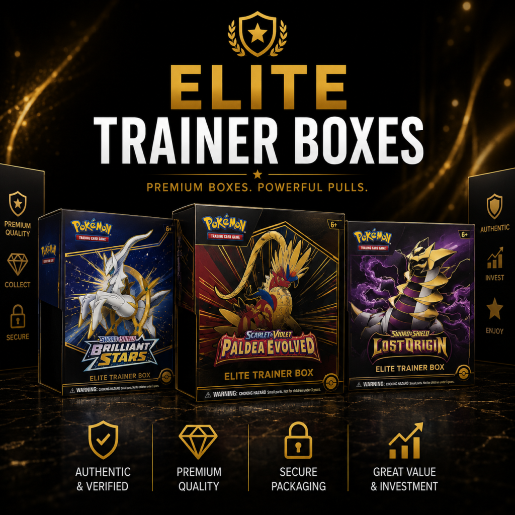 Premium Pokémon Elite Trainer Boxes featuring collectible sealed boxes for collectors and players.