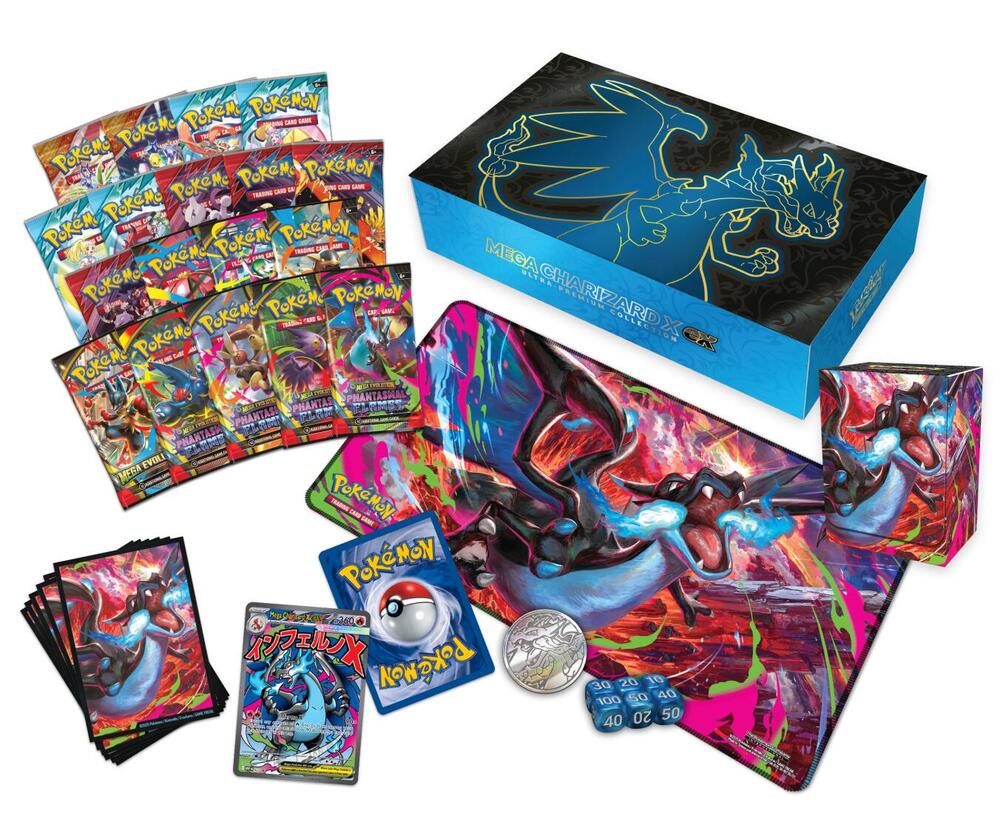 Back view of the Mega Charizard X ex Ultra-Premium Collection packaging showing product details and box contents checklist.