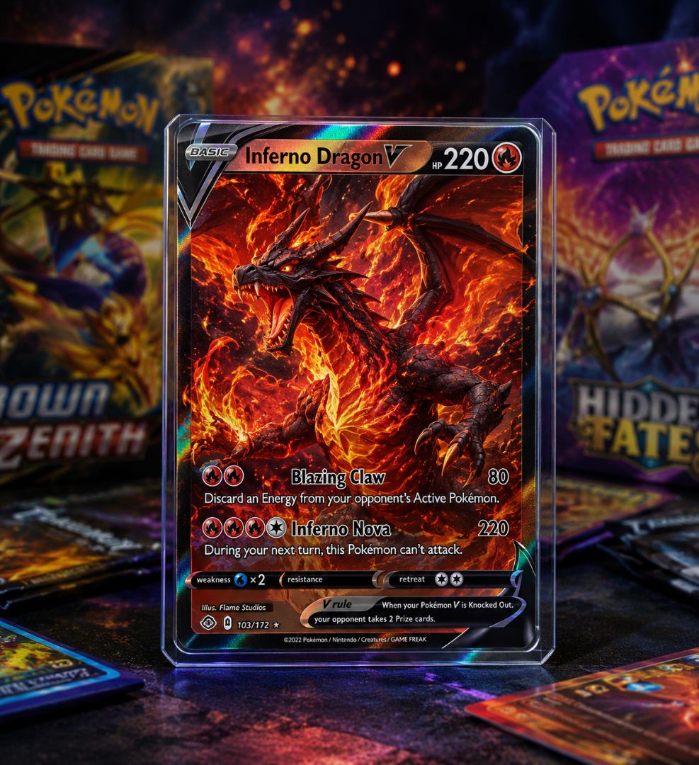 Rare Inferno Dragon single trading card with fiery dragon artwork in premium protective case.
