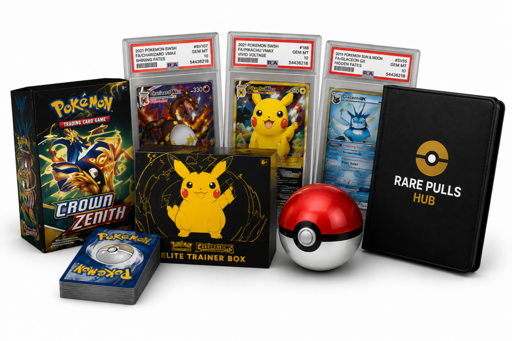 Premium Pokémon card collection featuring booster boxes, graded cards, card binder, Poké Ball, and collectible accessories displayed for collectors.