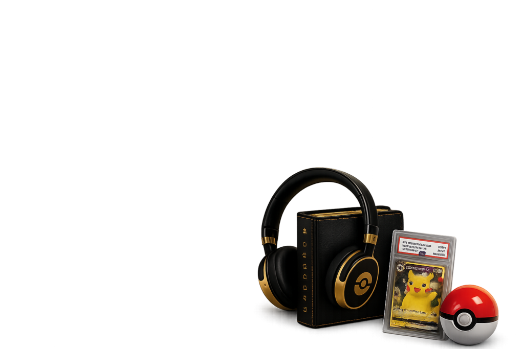 Premium collector accessories featuring black and gold headphones, trading card binder, graded collectible card, and display sphere for Rare Pulls Hub customer support section.
