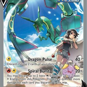 Close-up photo of a raw single Rayquaza V Alternate Full Art card (194/203) from Evolving Skies, showing card texture, centering, and condition.