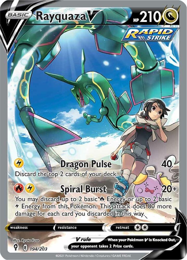 Close-up photo of a raw single Rayquaza V Alternate Full Art card (194/203) from Evolving Skies, showing card texture, centering, and condition.