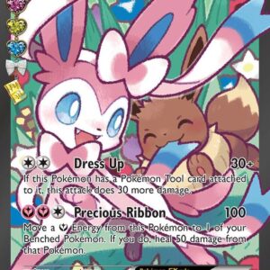 Close-up photo of a raw single Sylveon EX Full Art card (RC32/RC32) from the XY Generations Radiant Collection expansion, showing condition and texture.
