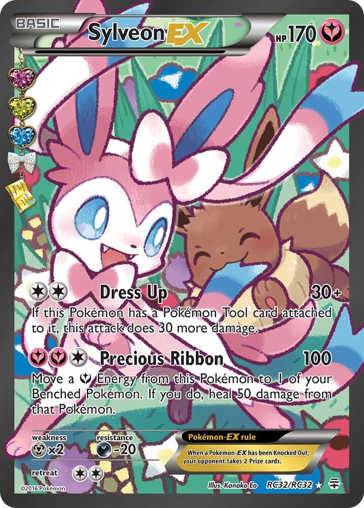 Close-up photo of a raw single Sylveon EX Full Art card (RC32/RC32) from the XY Generations Radiant Collection expansion, showing condition and texture.