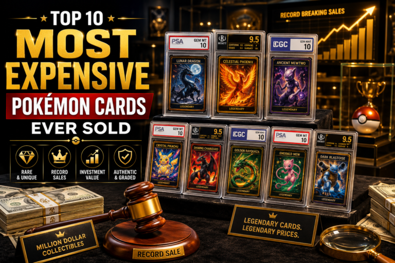 Top 10 most expensive Pokémon cards ever sold displayed in a luxury collector showcase