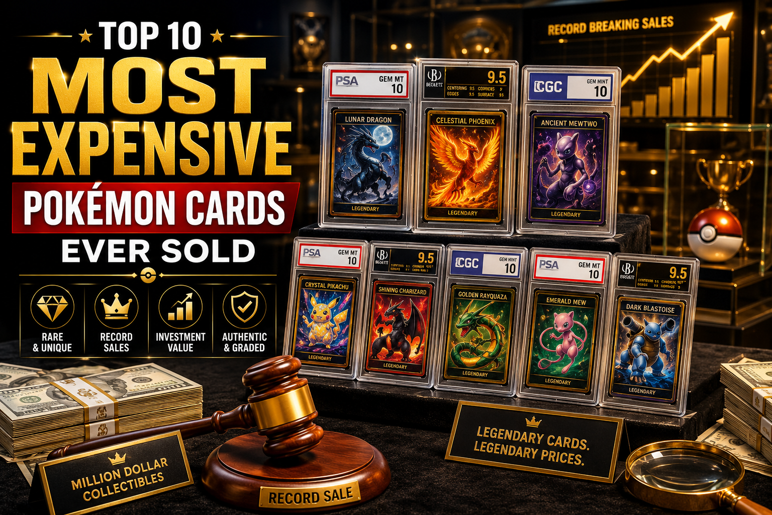 Top 10 most expensive Pokémon cards ever sold displayed in a luxury collector showcase