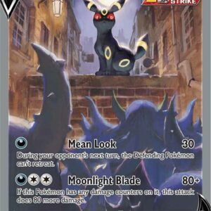 Close-up photo of a raw single Umbreon V Alternate Full Art card (189/203) from Evolving Skies, showing card condition, text box, and borders.