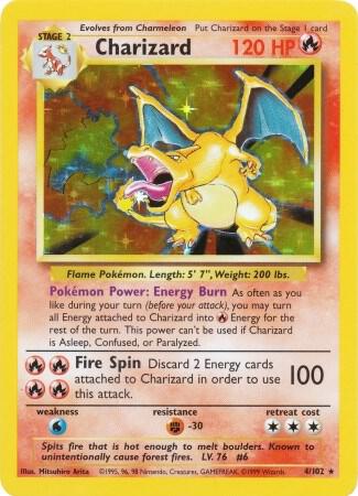 Vintage 1999 Pokémon TCG Base Set Charizard Holo Rare card 004/102.