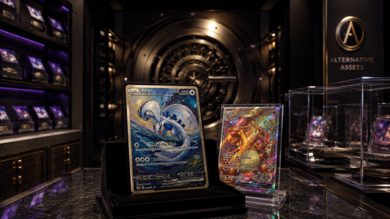 A collection of the best Pokémon cards to invest in displayed on black velvet inside a luxury secure vault