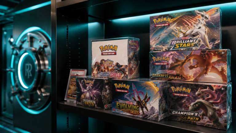 A secure display shelf showcasing the best sealed Pokémon boxes to hold inside a luxury collection vault
