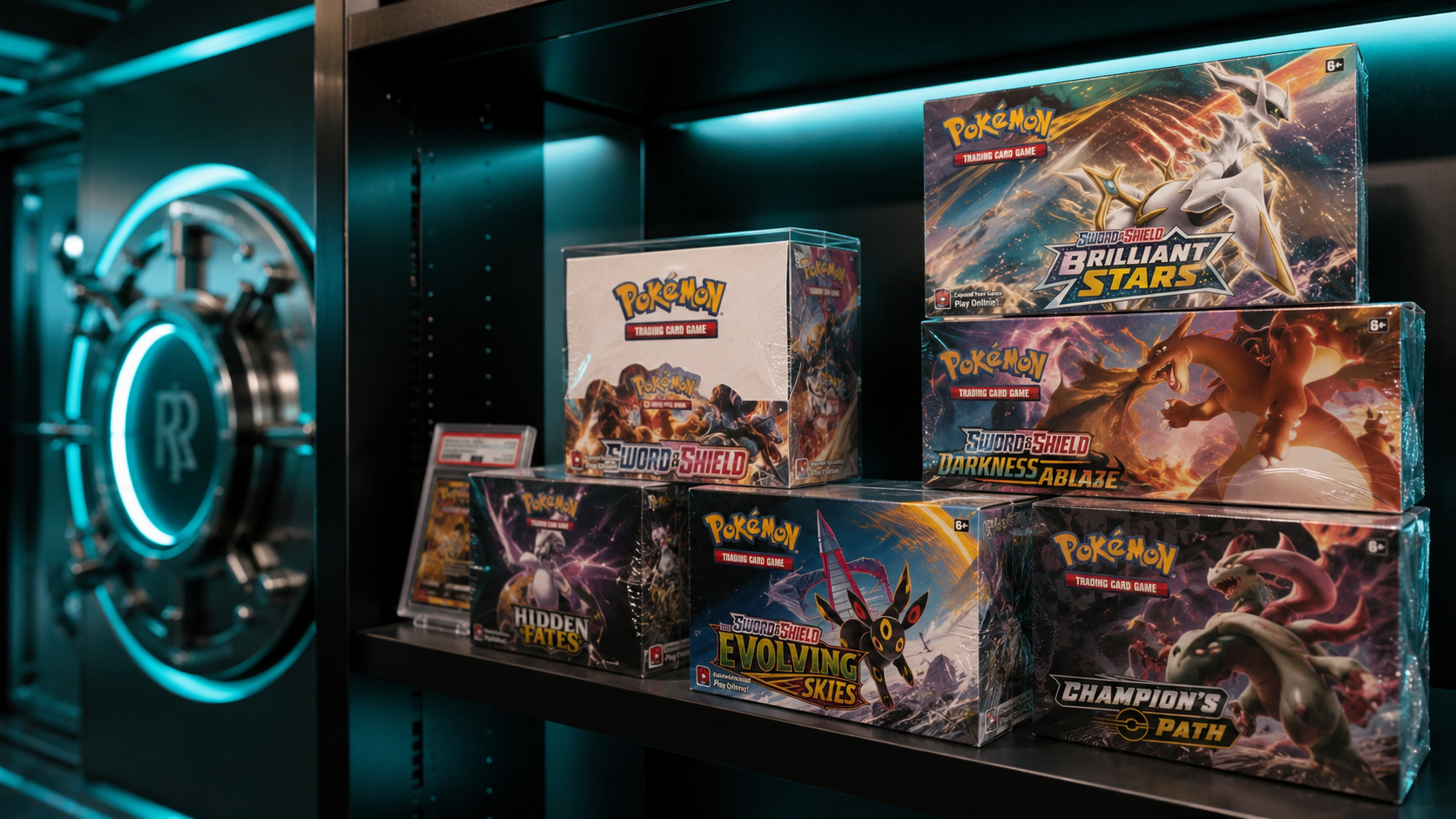 A secure display shelf showcasing the best sealed Pokémon boxes to hold inside a luxury collection vault