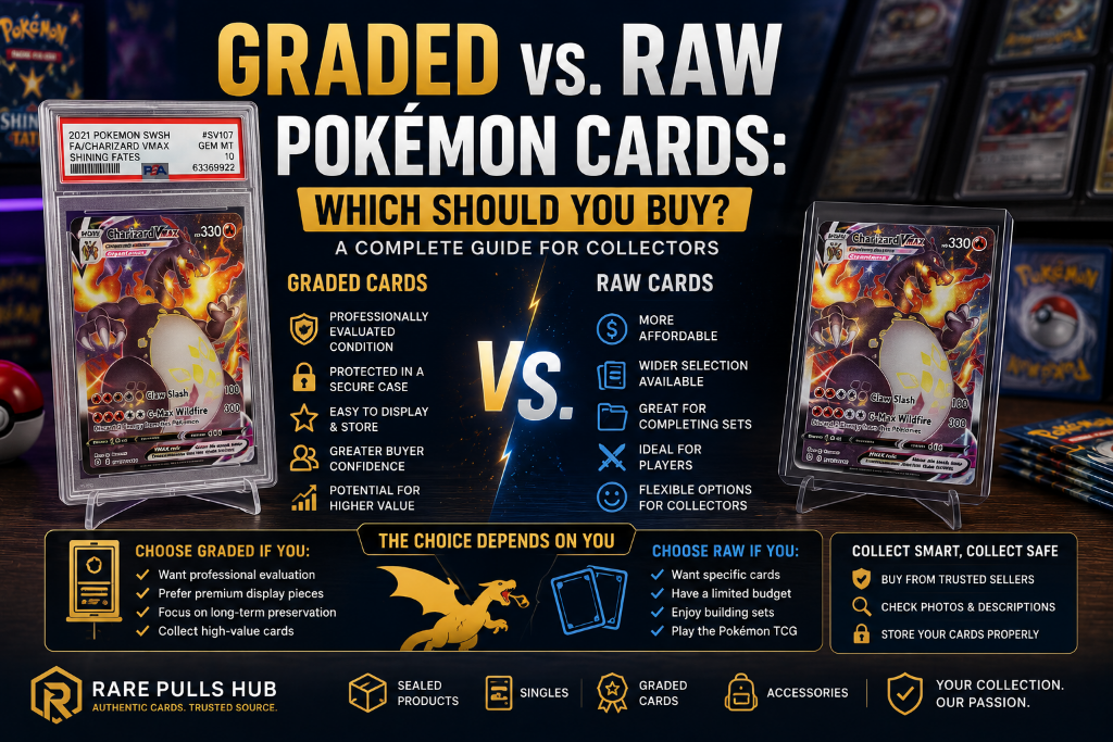 A detailed comparison guide of graded vs. raw Pokémon cards featuring high-grade protective slabs next to raw binder singles inside a collector vault
