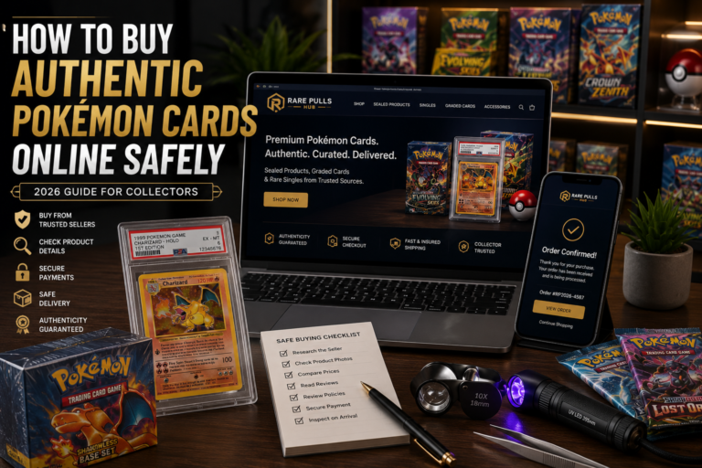 A detailed collector guide showing how to buy authentic Pokémon cards online safely with verified items under studio lights