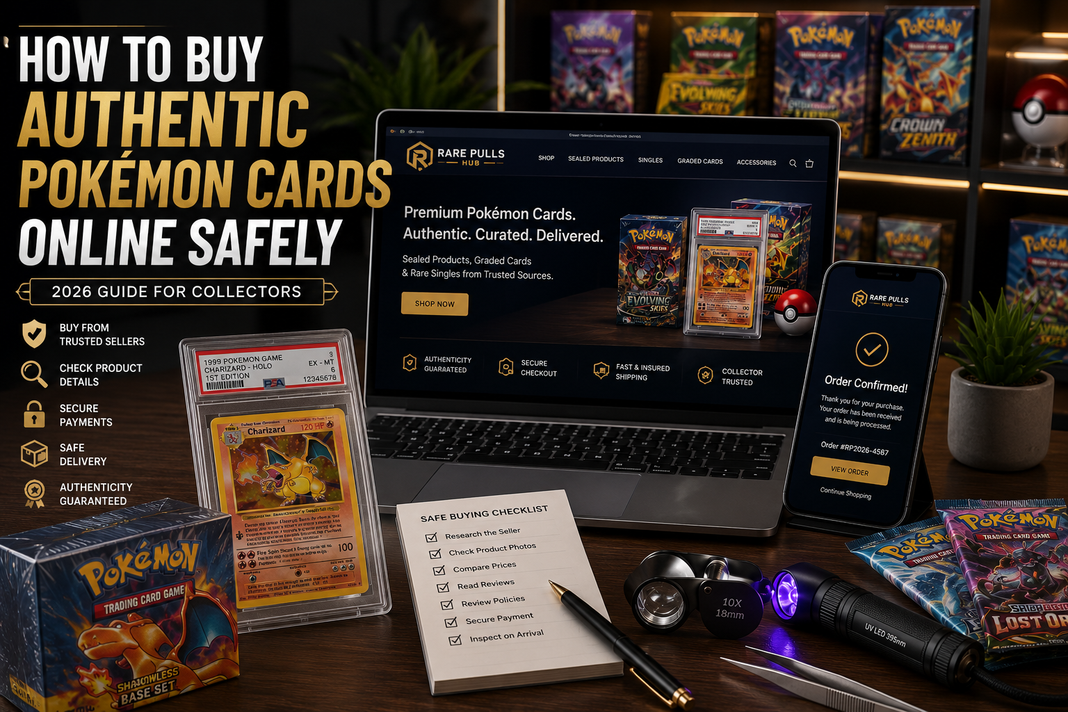 A detailed collector guide showing how to buy authentic Pokémon cards online safely with verified items under studio lights