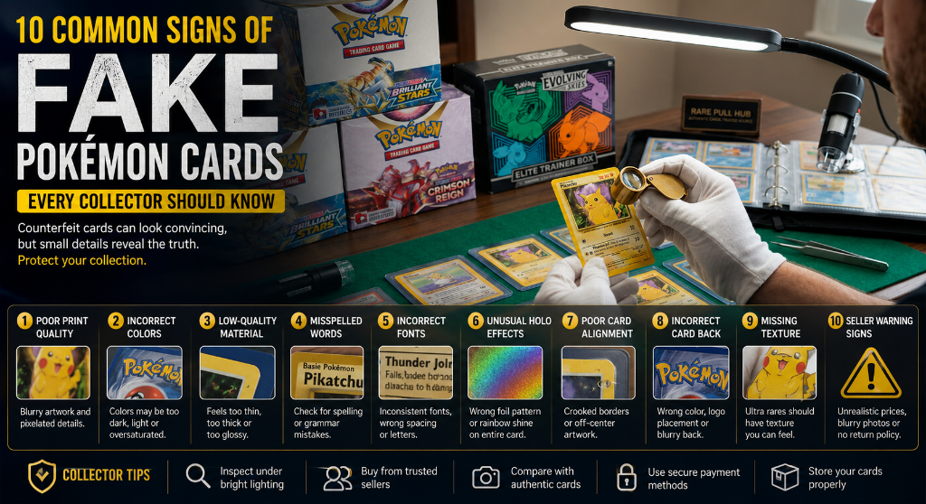 A comprehensive collector tutorial on how to spot fake Pokémon cards using a jeweler loupe to inspect card textures inside a secure room
