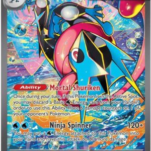 Close-up view of a raw single Mega Greninja ex Special Illustration Rare card (116/086) from Chaos Rising, showcasing card condition and surfaces.