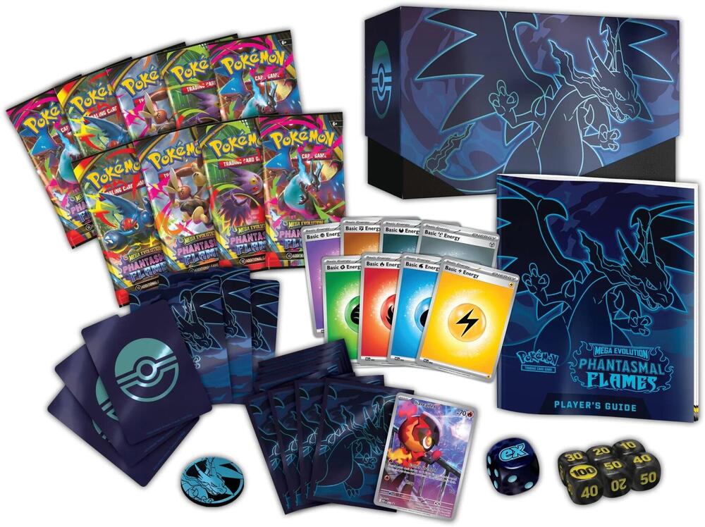 The unboxed contents of a Phantasmal Flames Elite Trainer Box showing the Charcadet promo card and card sleeves.