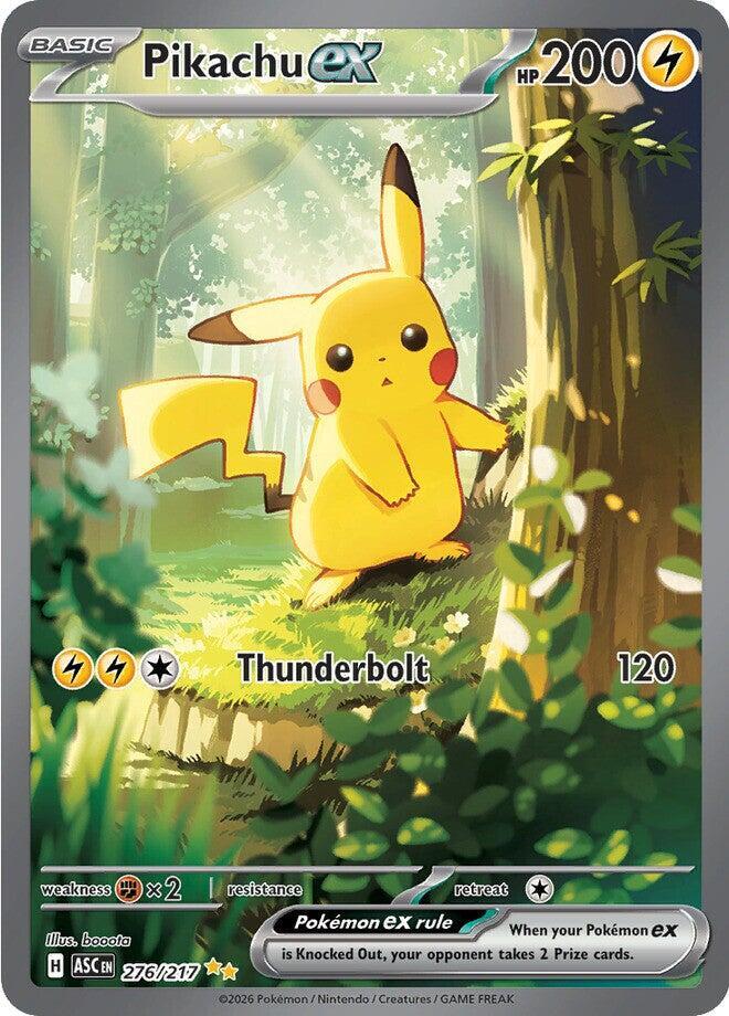 Close-up photo of a raw single Pikachu ex Special Illustration Rare card (276/217) from Ascended Heroes, showing condition, surface texture, and borders.