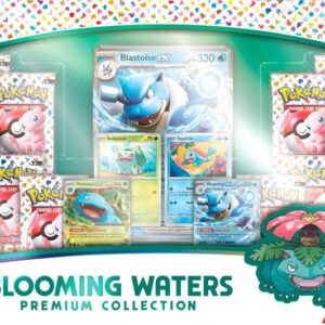 Factory sealed Pokémon TCG Scarlet and Violet 151 Blooming Waters Premium Collection box featuring Blastoise and Venusaur
