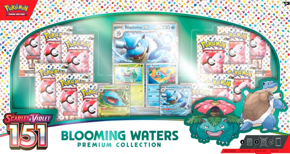 Factory sealed Pokémon TCG Scarlet and Violet 151 Blooming Waters Premium Collection box featuring Blastoise and Venusaur