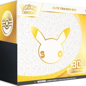 Factory sealed Pokémon TCG 30th Celebration Elite Trainer Box featuring anniversary Pikachu design