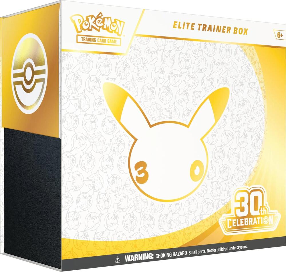Factory sealed Pokémon TCG 30th Celebration Elite Trainer Box featuring anniversary Pikachu design