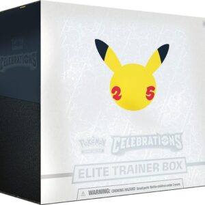 Factory sealed white Pokémon TCG Celebrations Elite Trainer Box featuring a yellow silhouette Pikachu design