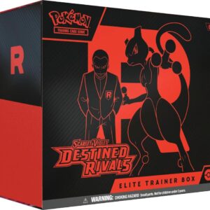 Factory sealed Pokémon TCG Scarlet and Violet Destined Rivals Elite Trainer Box featuring Team Rocket Mewtwo design