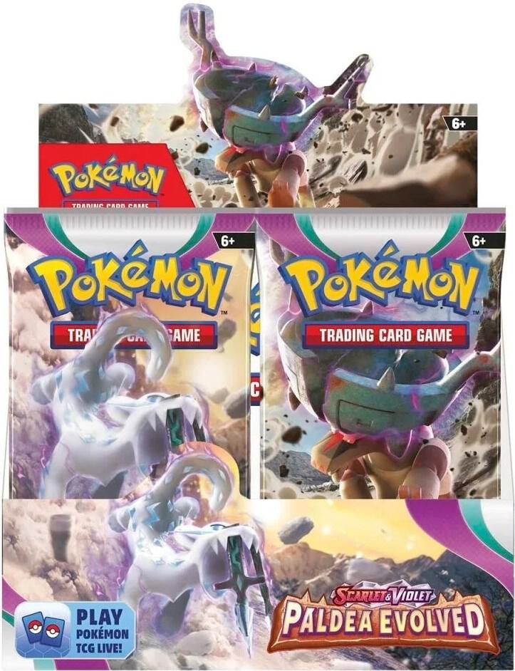 Factory sealed Pokémon TCG Paldea Evolved Booster Box displaying original shrink-wrap and colorful pack artwork featuring Chien-Pao