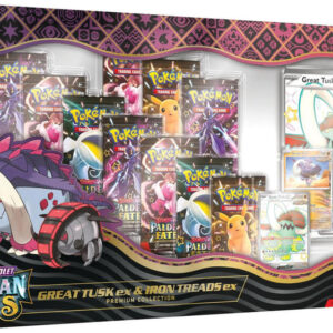 Factory sealed Pokémon TCG Paldean Fates Great Tusk ex and Iron Treads ex Premium Collection box featuring bright red border accents and showcase windows