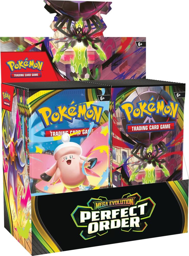Factory sealed Pokémon TCG Mega Evolution Perfect Order Booster Box display featuring Mega Zygarde