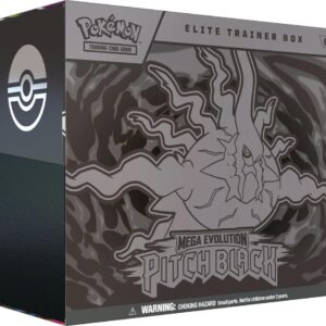 Front view of the sealed Pokémon TCG Pitch Black Elite Trainer Box (ME05) featuring stylized artwork of Mega Darkrai ex.