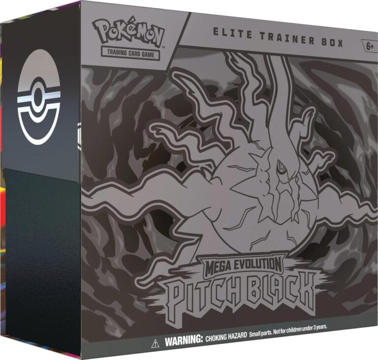 Front view of the sealed Pokémon TCG Pitch Black Elite Trainer Box (ME05) featuring stylized artwork of Mega Darkrai ex.