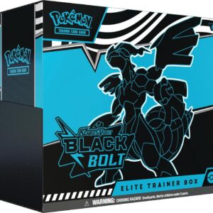 Factory sealed Pokémon TCG Scarlet and Violet Black Bolt Elite Trainer Box featuring dark teal and black line art of legendary Zekrom