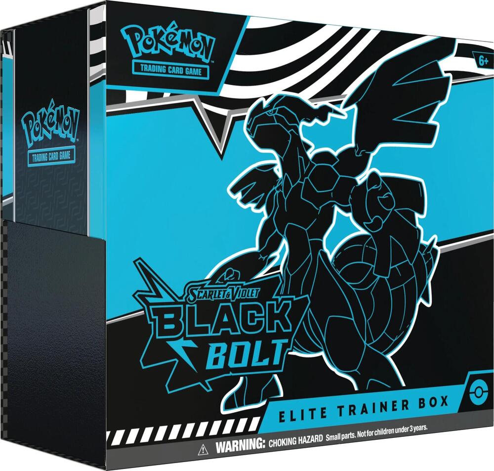 Factory sealed Pokémon TCG Scarlet and Violet Black Bolt Elite Trainer Box featuring dark teal and black line art of legendary Zekrom