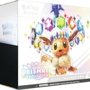 Front view of the factory-sealed Pokémon TCG Scarlet and Violet Prismatic Evolutions Elite Trainer Box featuring Eevee artwork.